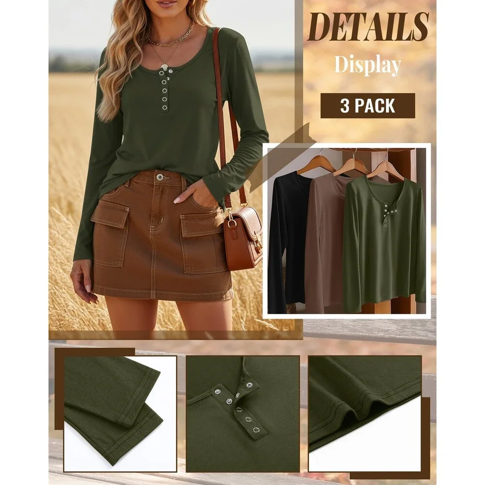 Oakgarden Women's Black Green 3 Pack Henley Button Shirts Long Sleeve Tops L